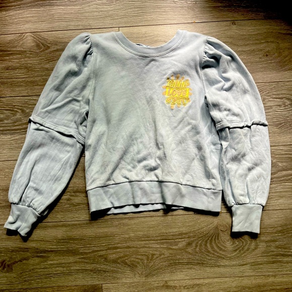 GANNI Light Blue Yellow Flower Long Puff Sleeves Backless Tie Sweatshirt Size M - Picture 1 of 11